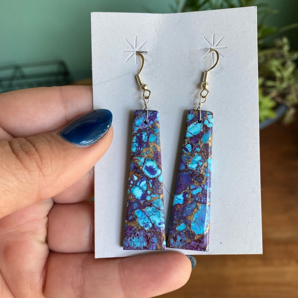 Natural Mojave turquoise slab earrings handmade by Native artist Jamison Pete